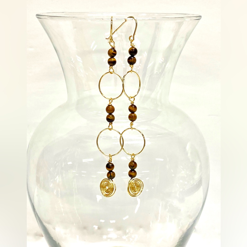 Handmade Shoulder Duster Statement Tiger’s Eye Bead Earrings